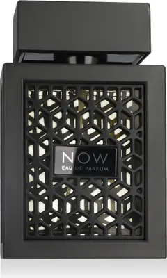 A black perfume bottle with a decorative geometric pattern on the front.