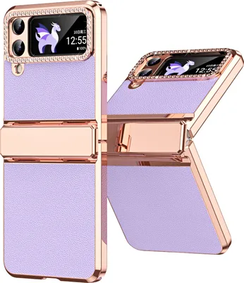 Two views of a purple flip phone case with rose gold trim and diamond accents.