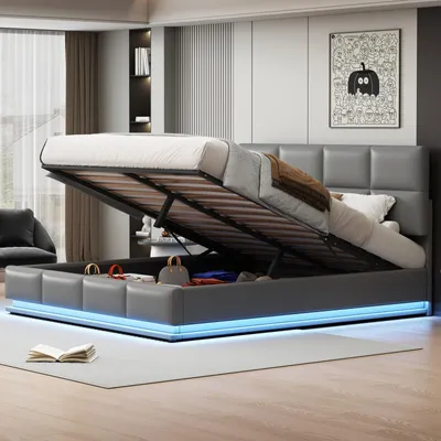 Productafbeelding van Bed met opbergruimte (180 x 200 cm), LED-verlichting, hydraulisch hefmechanisme, lattenbodem, hoofdeinde, bekleding van kunstleer, lichtgrijs
