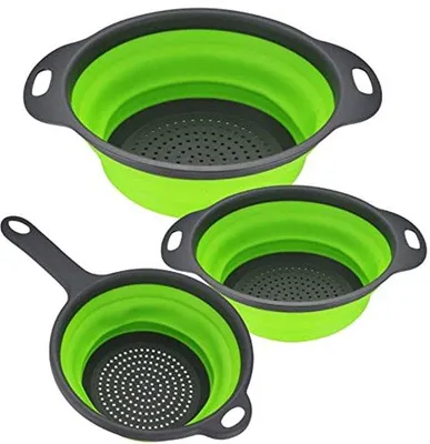 Produktbild von Ultiluxe Faltbares Sieb - 3 Stück Camping Silikon Siebset - Rund - Abtropfschale - Zusammenklappbar - Mit Griff - Grün/Grau