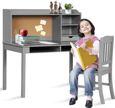 Produktbild von COSTWAY Kinderschreibtisch Set, Schreibtisch Kinder mit Pinnwand, Stuhl, Aufsatz, Schubladen & verstellbarem Regal, Schülerschreibtisch, Grau