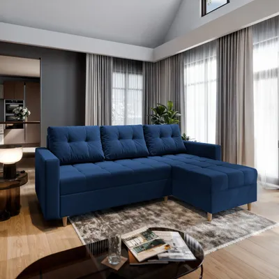 Produktbild von Masseno Ecksofa MILO L mit Schlaffunktion L-Form, Sofa mit Bettkasten, Wohnzimmersofa, Couch, Soffa, Bettsofa, Couchgarnitur- Blau, KRONOS 09