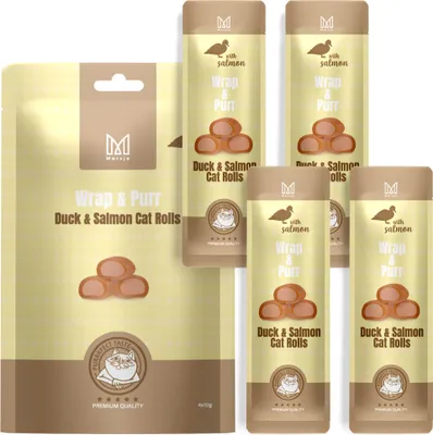 Obrázok produktu pre Mačacie maškrty Wrap & Purr – kačica a losos Mersjo 40 g (4 x 10 g)