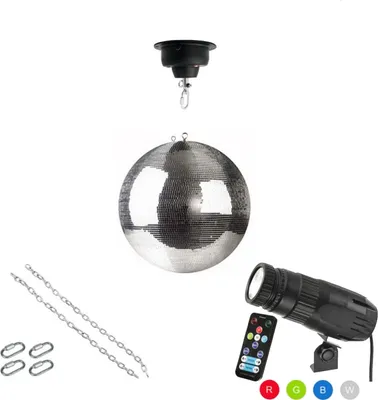 Produktbild von Spiegelkugel Komplettset 30cm mit Motor, 15W LED Pinspot (RGBW) und Montagematerial PREMIUM
