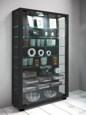 Produktbild von VCM Vitrine Lumo Mini, Schwarz, stehend, ESG-Sicherheitsglas, H. 90 x B. 59 x T. 18 cm, platzsparend für Sammlerschätze