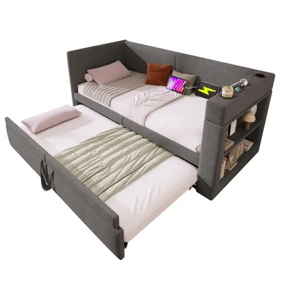 Produktbild von Polstertes Daybett,Einzelbett Schlafsofa mit Ausziehbett, Armlehnen mit USB- & Type-C-Ladeanschluss und Getränkehalter, Leinen-Mischgewebe