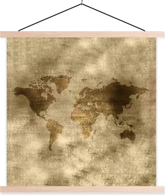 Produktbild von MuchoWow® Textilposter Weltkarte - Gold - Braun 40x40 cm mit holzfarbenen Rahmen - Posterleiste