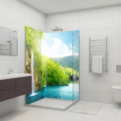 Produktbild von dedeco Eck-Duschrückwände Aluminium wasserfest Motiv: Wasserfall V9, 2 x 90x210x0,3cm, Fliesenersatz fugenlos Wandverkleidung Wandpaneele,  Germany