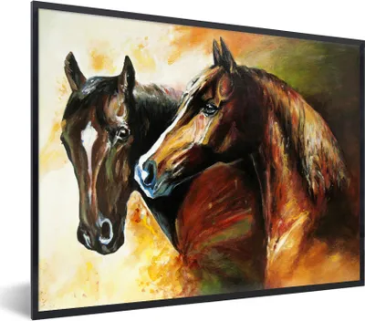 Produktbild von MuchoWow® Gerahmtes Poster Malerei - Pferde - Tiere - Ölgemälde 80x60 cm - Poster mit Schwarzem Bilderrahmen Wandposter Rahmen Foto Bilder - Schwarzem - Mit Gestell