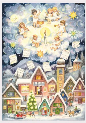 Produktbild von Adventskalender A4 – Himmelsmusik über dem Weihnachtsdorf mit Silber-Glitzer & Leuchteffekt