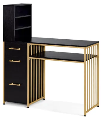 Produktbild von Schreibtisch mit 3 Schubladen aus Holz und Metallgestell, Manikürtisch, Schminktisch ohne Spiegel, Computertisch mit Regal, 43x108x125cm