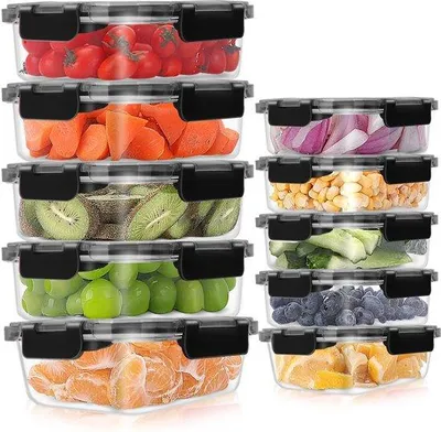 Immagine prodotto di Set da 10 contenitori per alimenti in vetro, ermetici, impilabili, senza BPA, adatti a microonde, forno e congelatore