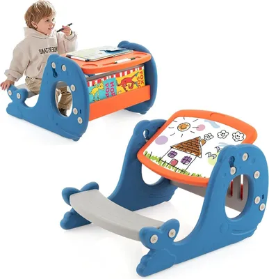 Produktbild von GOPLUS 4 in 1 Kinder Staffelei, Multifunktionale Kindersitzgruppe mit ergonomischem Stuhle & kippbarem Whiteboard, Stabiler Kindertisch-Set zum Lernen