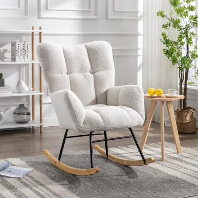 Produktbild von Mid Century Moderner Schaukelstuhl aus Teddystoff mit getuftetem Bezug, gepolsterte Sitzfläche für Wohnzimmer und Schlafzimmer