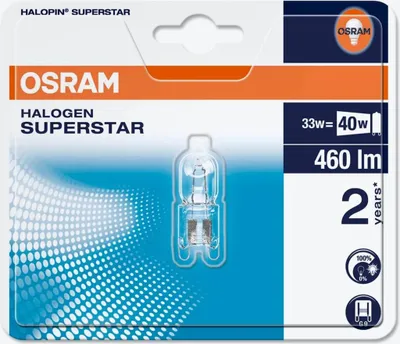 The image shows the retail packaging of an OSRAM Halopin Superstar halogen light bulb.