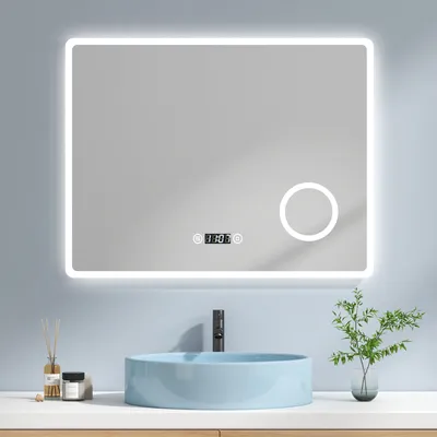 Produktbild von EMKE LED Badspiegel mit 3-Fach Vergrößerung Touchschalter Kaltweiß Licht 90X70cm, Beschlagfrei und Uhr