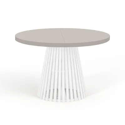 Obrázek produktu pro Kulatý rozkládací jídelní stůl, DOVER - industriální/loftový styl s lamelovými nohami, průměr: 110 / 160 cm, barva: kašmír / bílý