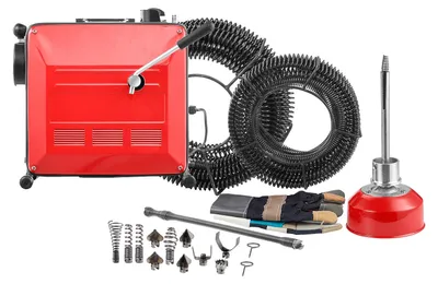 Immagine prodotto di SucceBuy, macchina elettrica per la pulizia dei tubi, 850W, pulitore per scarichi con cavi a spirale di 14,5 metri x 16 mm, 14 metri x 22 mm e 5 metri x 9,5 mm, oltre a un cavo a spirale flessibile di 0,4 metri x 12 mm e 11 teste di taglio, adatta per tubi con un diametro compreso tra 50 e 200 mm