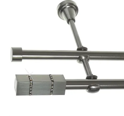 Produktbild von Gardinenstange Set Edelstahl Look Metall Ø 16mm zur Wandbefestigung 2-lauf mit Kristall, Länge wählbar H24 E27 E16