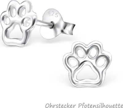 Produktbild von Pfoten Schmuck aus 925er Silber: Ohrstecker, Creolen und Halskette Ohrstecker Pfotensilhouette Ohrstecker Pfotensilhouette