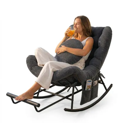 Produktbild von LVHOM Schaukelsessel mit verstellbarer Fußstütze, Schaukelstuhl Cordbezug, Rattanstuhl mit Stahlgestell und Seitentasche, Loungesessel, Dunkelgrau