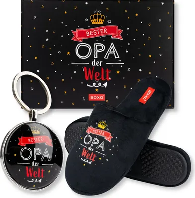 Produktbild von Set Hausschuhe 43-44 + Schlüsselanhänger Bester Opa der Welt von SOXO. Lustiges Geschenk für den Großvater.