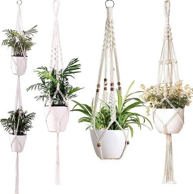 Produktbild von Macramé-Blumenhänge aus Baumwollseil - Wanddekoration für Innen und Außen - Set von 4 Stücken