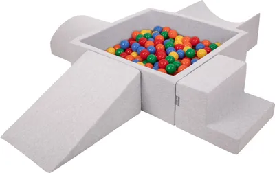 Produktbild von KiddyMoon spielplatz aus schaumstoff mit quadrat bällebad (300 bälle) ballgruben für babys spielbad hindernisläufen, hergestellt in der eu, hellgrau:gelb/grün/blau/rot/orange