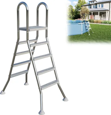 Produktbild von UISEBRT Edelstahl Poolleiter 4-Stufen (189 cm Hoch) mit rutschfesten Trittflächen & Gummifüßen - Sicherheitsleiter für Aufstellpools 1,2-1,6 m - Inkl. Montagezubehör