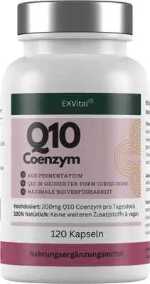 Produktbild von Q10 Coenzym Kapseln, hochdosiert 200mg pro Tag, 120 Stück von EXVital