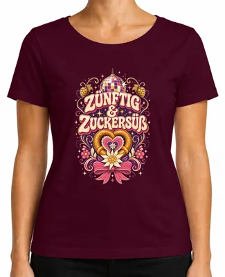 Productafbeelding van Zünftig & Zuckersüß: Volksfeest, Wiesn (Oktoberfest), Brezel (pretzel), traditionele kleding, lederen broek, dames T-shirt, bordeauxrood, maat 3XL