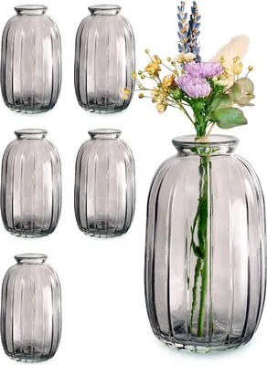 Produktbild von Set von 6 Vintage Stil Glasvasen - Runde und Robuste Blumenvasen - Spülmaschinenfest - Perfekt für Tischdekoration bei Hochzeiten - Grau.