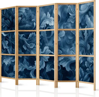 Produktbild von 5-teiliger Einseitiger Vlies Japanischer Paravent - Abstract Ornaments - Dark Blue Victorian Leaves 225x172 cm Blumen f-H-10010-bh-b