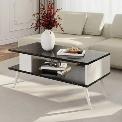 Produktbild von Couchtisch Lycksele Beistelltisch Wohnzimmertisch mit Stauraum rechteckig schwarze Marmor-Optik Weiß mit unterer Ablage Sofatisch