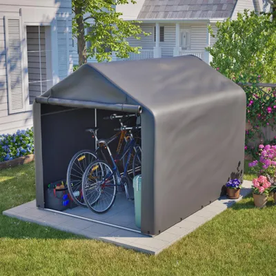Produktbild von Fahrradgarage 160 x 220 x 165 cm, Wetterfester Fahrradunterstand aus PE mit Rolltor, Stahlrahmen und Belüftung für Fahrräder, Gartengeräte, Grau
