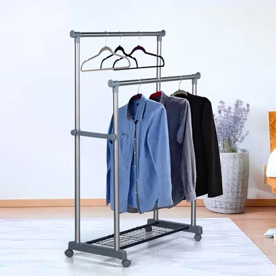Produktbild von Wäschekorb mit Doppelstange, 90 x 42 x 148 cm, aus Edelstahl, mit Rollen, für die Wäscheorganisation