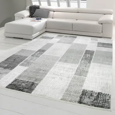 Produktbild von Designer Wohnzimmerteppich Wolle in Grau Creme Größe - 80 x 150 cm