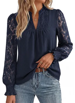 Productafbeelding van Dames Kanten Blouse met Lange Mouwen - Henley V-hals in donkerblauw