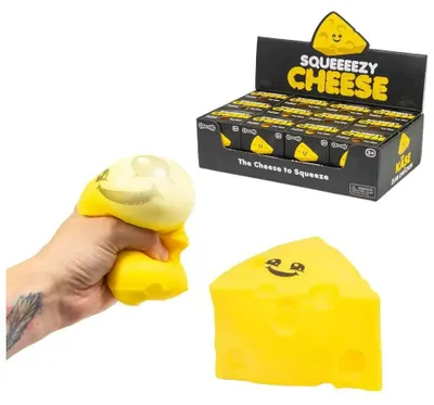 Produktbild von Gelbes Anti-Stress Quetsch-Spielzeug in Käseform mit Löchern, elastisch, ca. 7 x 6 cm