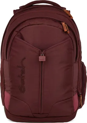 A maroon backpack is shown against a white background.
