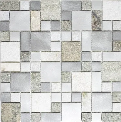 Produktbild von Mosaik Fliese Quarzit Naturstein Aluminium silber grau hellbeige Kombination MOS49-525
