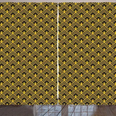 Zdjęcie produktu dla ARANDE Zasłona abstrakcyjna, żółty wzór w stylu art deco z muszelkami Vintage Geometryczna prostota, 280 x 225 cm, żółty antracytowy szary