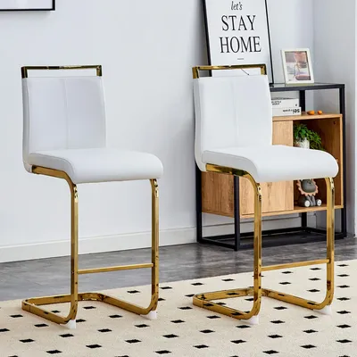 Image de Lot de 2 tabourets de bar, style nordique,Polyuréthaneblanc, pieds en métal doré, 96 cm