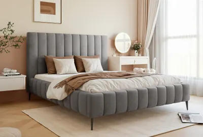 Produktbild von Besilio Möbel - Doppelbett 200x200 Tina II Slim Samtstoff - Designer-Bett mit Lattenrost, Kopfteil & Bettkasten - Dunkelgrau & Velluto 18