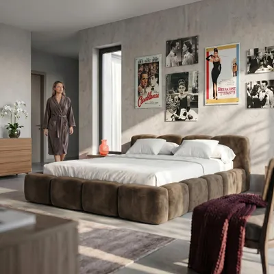 Produktbild von MUFFO Polsterbett SUENO 180x200 cm in Braun, gepolstertes Kopfteil, Metalllattenrost, Bettkasten, Velour-Stoff, KI-generiertes Bild