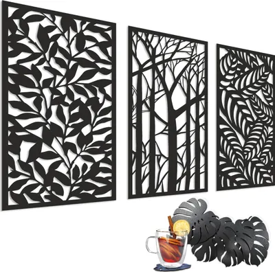 Zdjęcie produktu dla Drewniana Dekoracja na ścianę do salonu Obraz 3D Panel ażurowy do sypialni salonu Drzewa Liście 58x90
