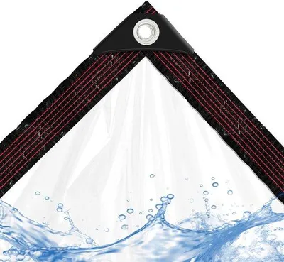 Imagen del producto de Unyqoos®: Lona transparente y resistente al agua, fabricada en polietileno (PE), con ojales de aluminio. Permite el paso del 80% de la luz, tiene costuras reforzadas y ofrece protección para jardín y balcón