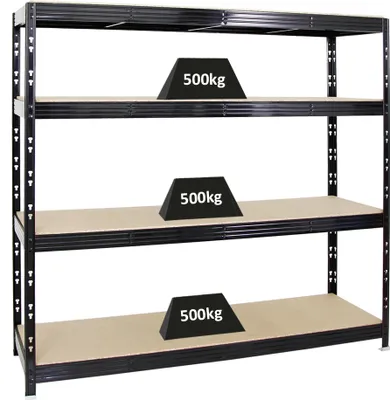 Produktbild von Profi Schwerlastregal RHINO | HxBxT 180x200x60cm | 4 Spanplatten-Ebenen 16mm | Fachlast 500kg | Schwarz
