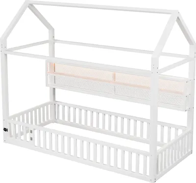 Image de Lit plateforme en forme de maison 90 x 200 avec barrière et éclairage LED