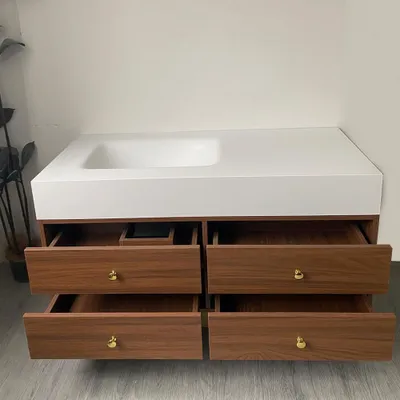 Produktbild von Waschbecken-Set Waschtisch Sinterstein Moderner Waschbecken-Unterschrank LED Spiegel mit Schublade 120*55cm 【RWC152-120 BKK】